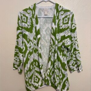 Chico’s Green White Ikat Open Front Cardigan Topper Size 3 XL